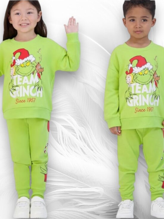 Kids “Team Grinch” Green Glow Sweatshirt & Joggers Set - Picture 2 of 8